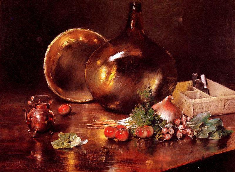 William Merritt Chase Still Life Brass and Glass Date Germany oil painting art